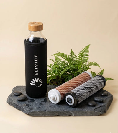 Clear Spiral Water Bottle and Filters on stone slate